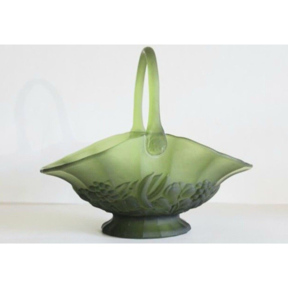 Vintage Satin Frosted Large Heavy Avocado Green Indiana Glass Handled Basket GC